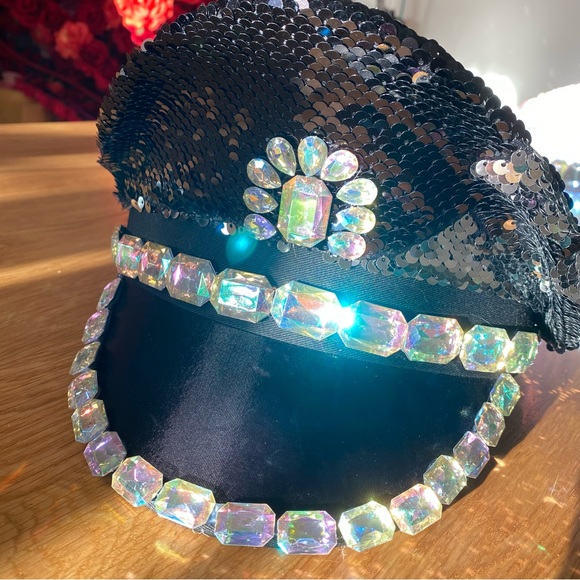 Black Iridescent Sequin Studs Steampunk Music Festival Captain Hat - Picture 2 of 5